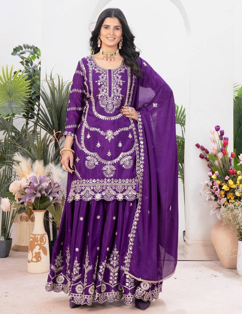 purple fancy pure silk kurta set