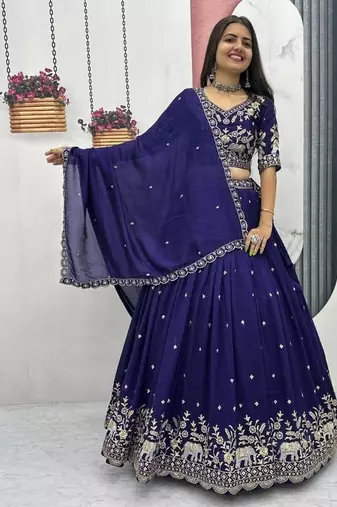 New Womens Latest Festive Wear  with Intricate Elephant Threadwork Lehenga Choli Set