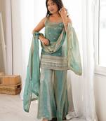 Sea green embroidered kurta palazzo pant with dupatta