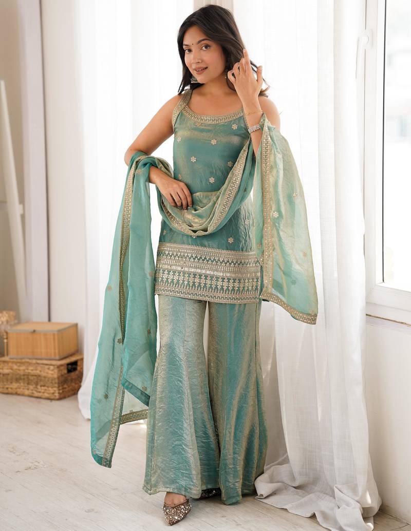 Sea green embroidered kurta palazzo pant with dupatta