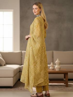 Women's yellow rayon printed straight kurta set with dupatta 4