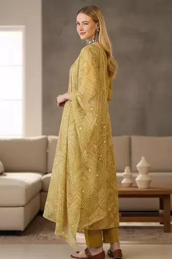 Women's yellow rayon printed straight kurta set with dupatta