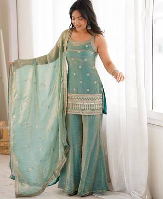 Sea green embroidered kurta palazzo pant with dupatta 2
