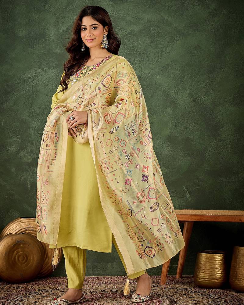 light-yellow fancy silk blend kurta set