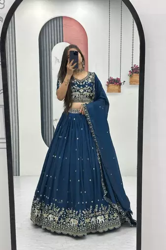 New Womens Latest Festive Wear  with Intricate Elephant Threadwork Lehenga Choli Set