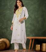 yellow fancy silk blend kurta set