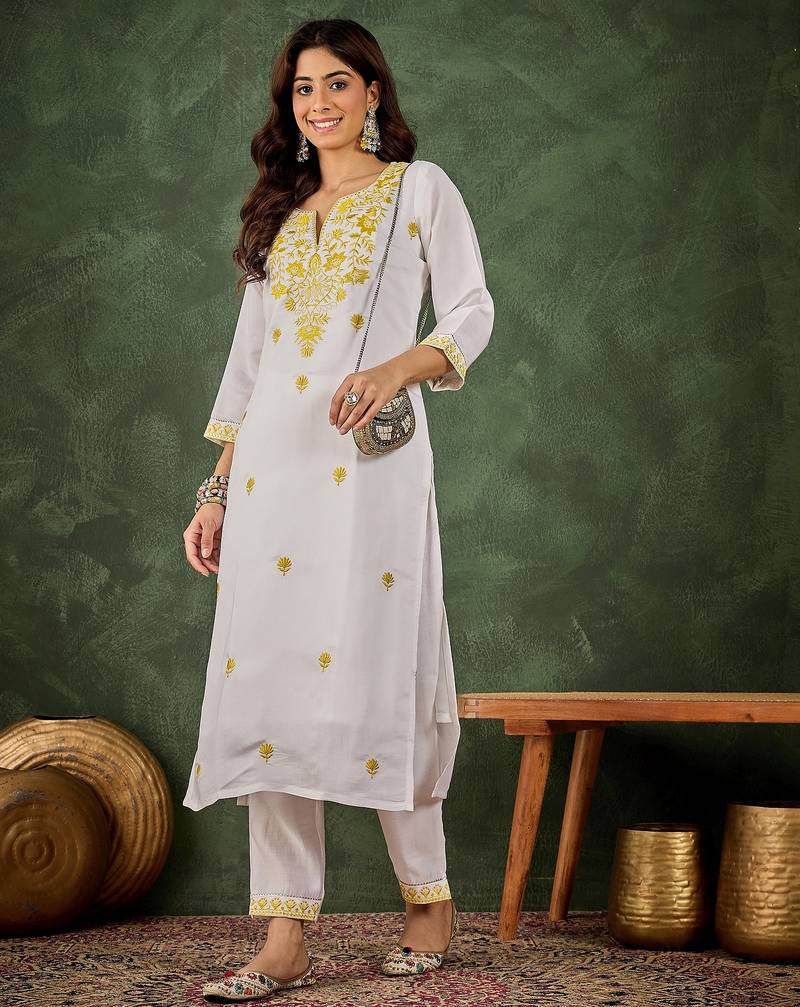 yellow fancy silk blend kurta set