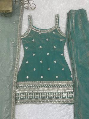 Sea green embroidered kurta palazzo pant with dupatta 5