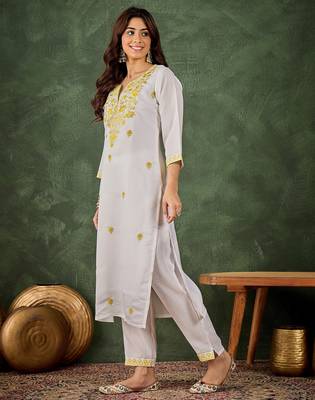 yellow fancy silk blend kurta set 3