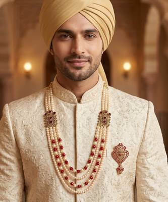   groom sherwani necklace moti mala layered for wedding | groom mala with brooch set 6