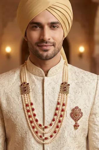   groom sherwani necklace moti mala layered for wedding | groom mala with brooch set
