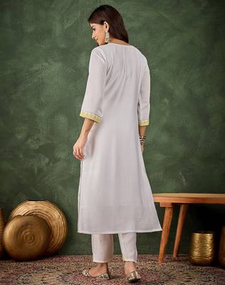 yellow fancy silk blend kurta set 4