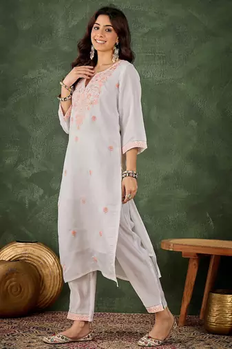 peach fancy silk blend kurta set