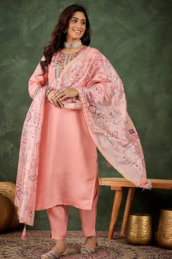 pink fancy silk blend kurta set