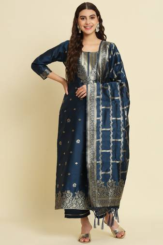 blue fancy cotton silk kurta set