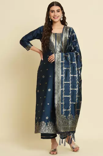 blue fancy cotton silk kurta set