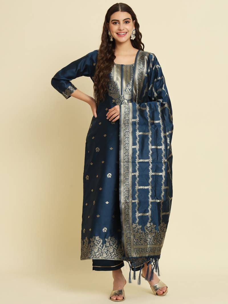 blue fancy cotton silk kurta set