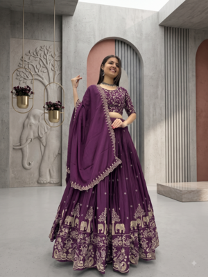 Deep Wine Lehenga Choli with Heavy Embroidery Dupatta Set 1