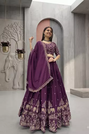 Deep Wine Lehenga Choli with Heavy Embroidery Dupatta Set