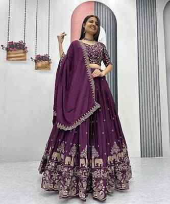 Deep Wine Designer Lehenga Choli with Heavy Embroidery Dupatta Set 1