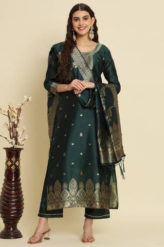 green fancy cotton silk kurta set