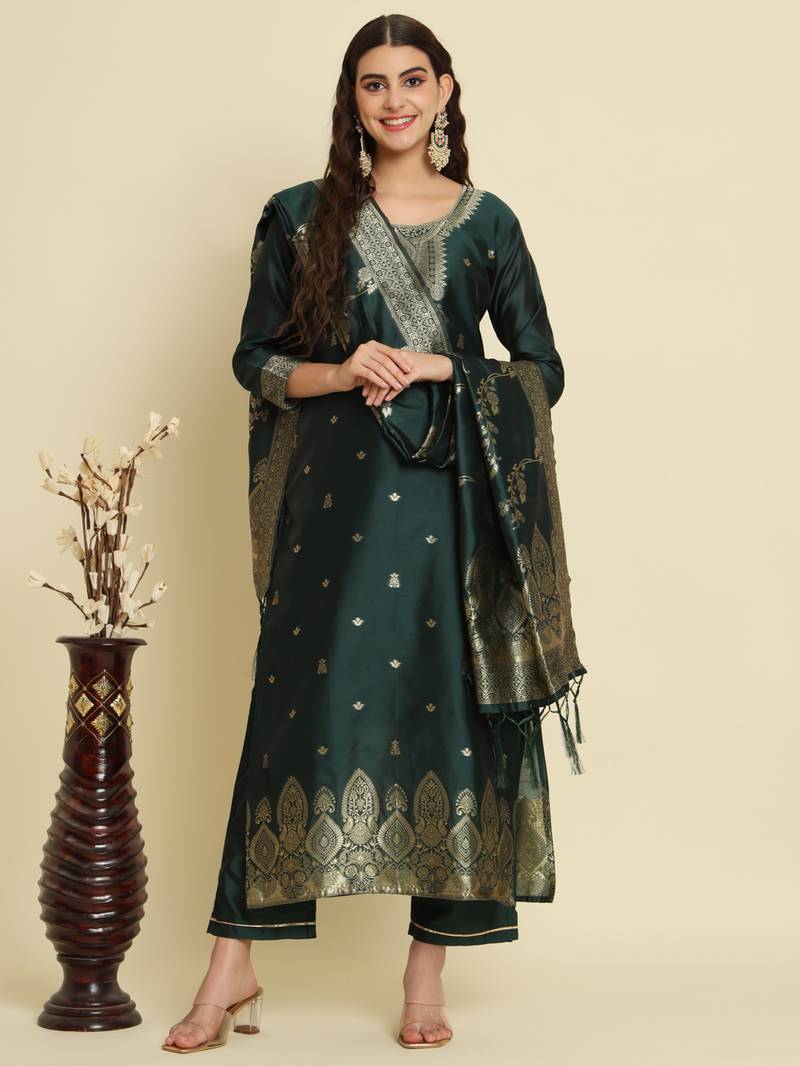 green fancy cotton silk kurta set