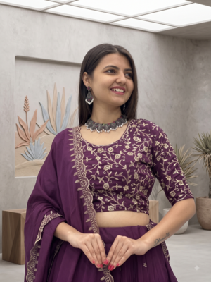 Deep Wine Lehenga Choli with Heavy Embroidery Dupatta Set 2