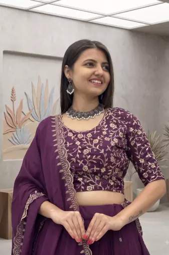 Deep Wine Lehenga Choli with Heavy Embroidery Dupatta Set