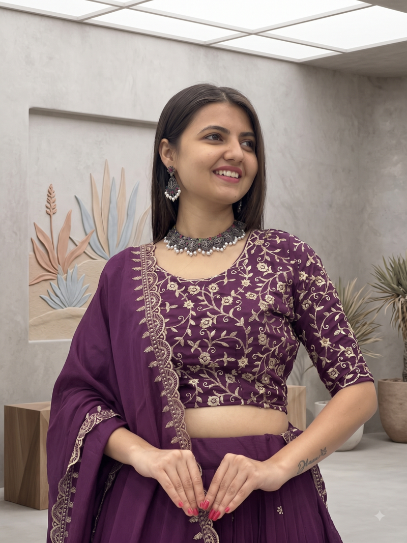 Deep Wine Lehenga Choli with Heavy Embroidery Dupatta Set