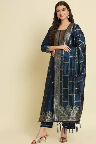 blue fancy cotton silk kurta set