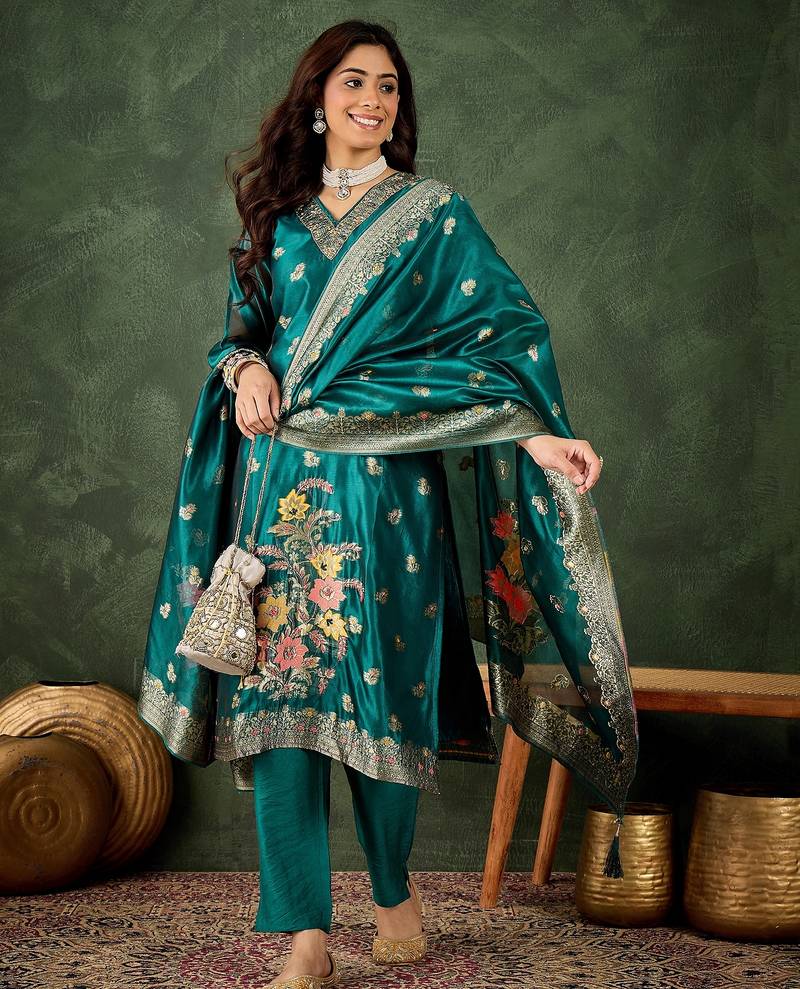 blue fancy organza kurta set