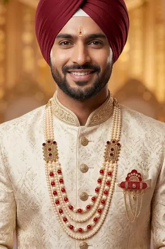   groom sherwani necklace moti mala layered for wedding | groom mala with brooch set