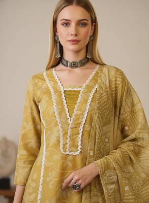 Women's yellow rayon printed straight kurta set with dupatta 5