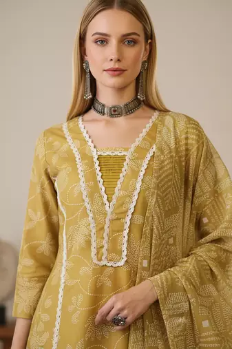Women's yellow rayon printed straight kurta set with dupatta