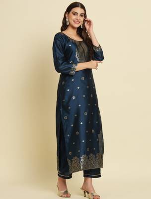 blue fancy cotton silk kurta set 4