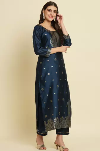 blue fancy cotton silk kurta set