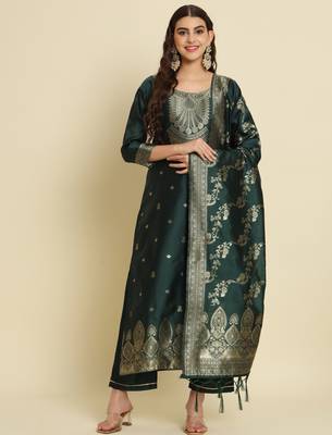 green fancy cotton silk kurta set 2