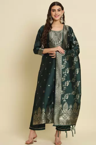 green fancy cotton silk kurta set