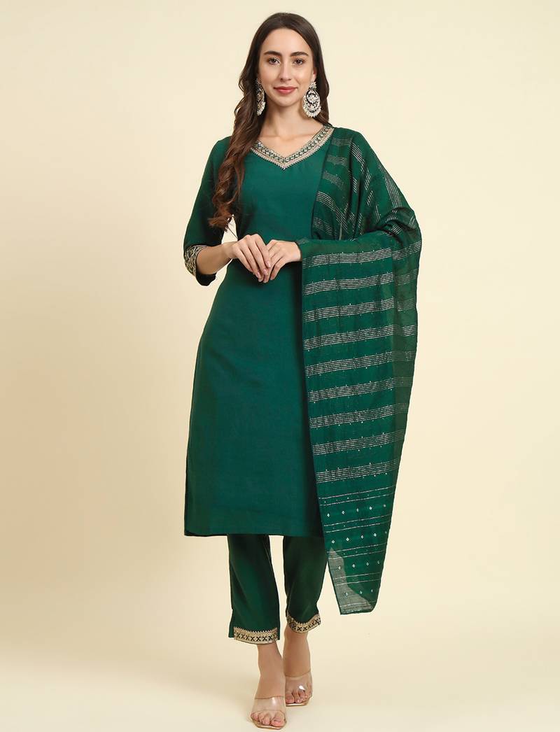 green fancy silk blend kurta set