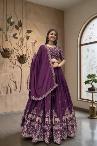 Deep Wine Lehenga Choli with Heavy Embroidery Dupatta Set