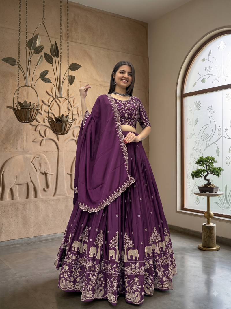 Deep Wine Lehenga Choli with Heavy Embroidery Dupatta Set