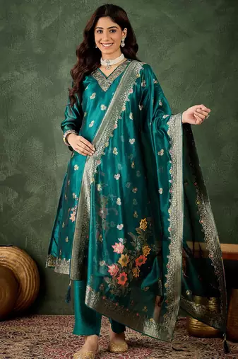 blue fancy organza kurta set