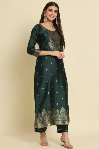 green fancy cotton silk kurta set