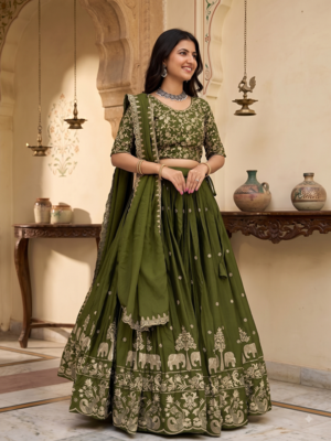 Green Lehenga Choli with Heavy Embroidery Dupatta Set 1