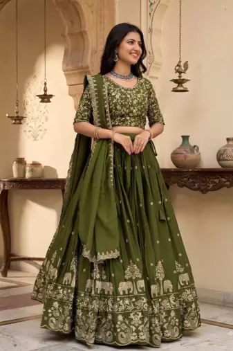 Green Lehenga Choli with Heavy Embroidery Dupatta Set