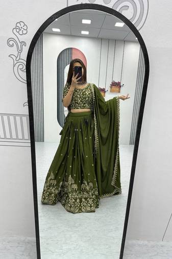 New Trendy Green Designer Lehenga Choli with Heavy Embroidery Dupatta Set