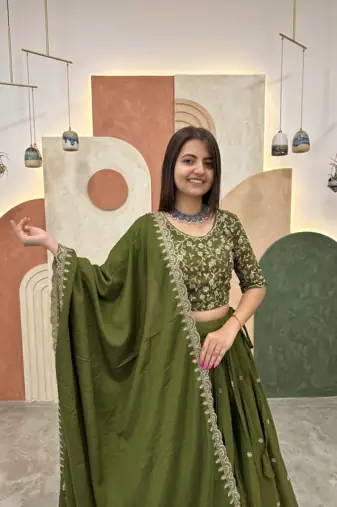 Green Lehenga Choli with Heavy Embroidery Dupatta Set