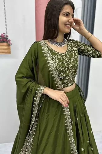 Green Designer Lehenga Choli with Heavy Embroidery Dupatta Set