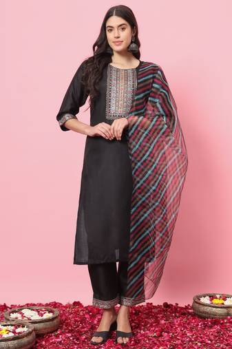black fancy blended cotton kurta set