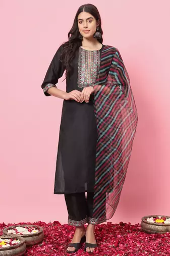 black fancy blended cotton kurta set